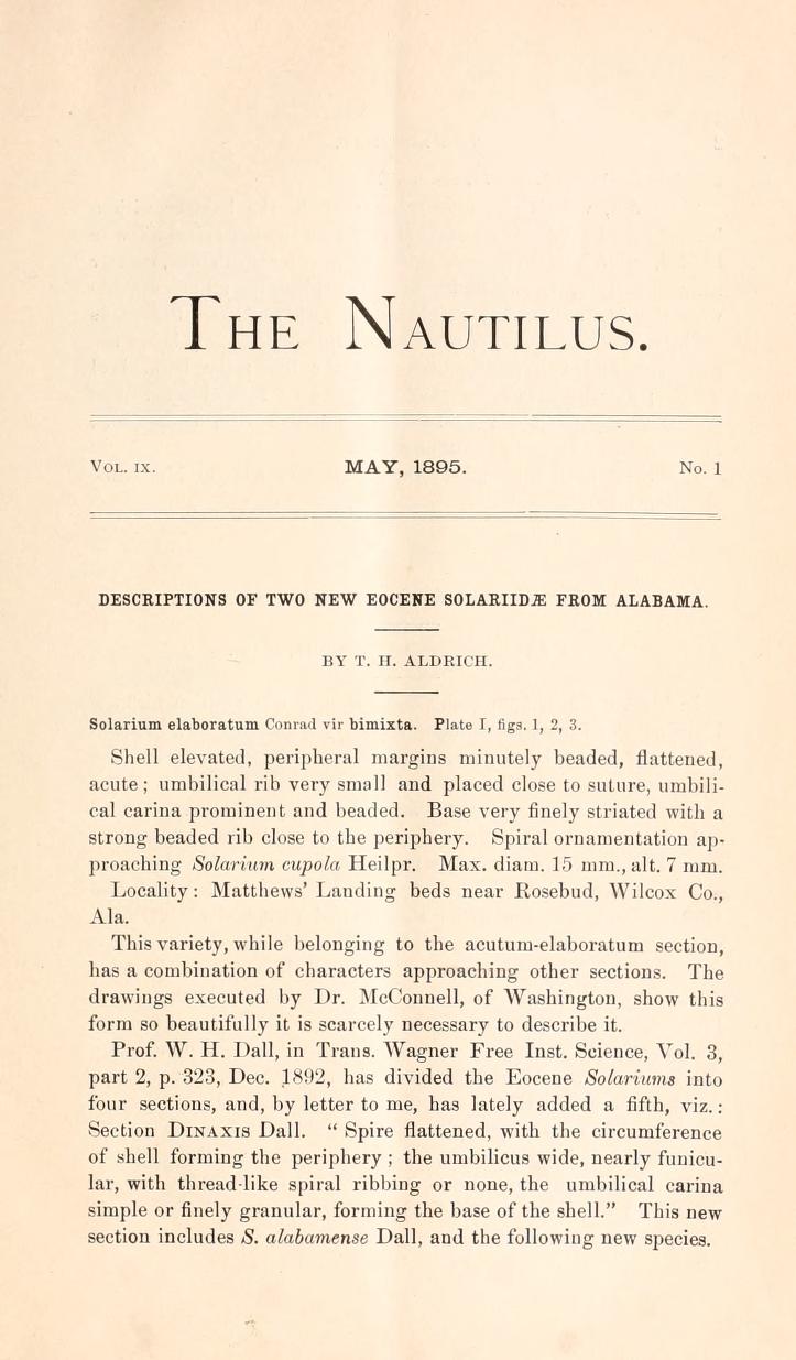 Media type: text; Pilsbry 1895 Description: The Nautilus, vol. IX, no. 1;